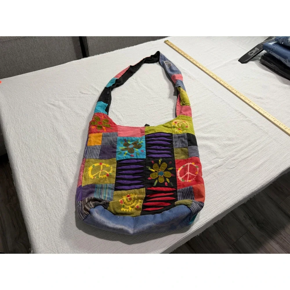 Boho Patchwork Cotton Hobo Bag Nepal Peace Flower Crossbody Multi Color